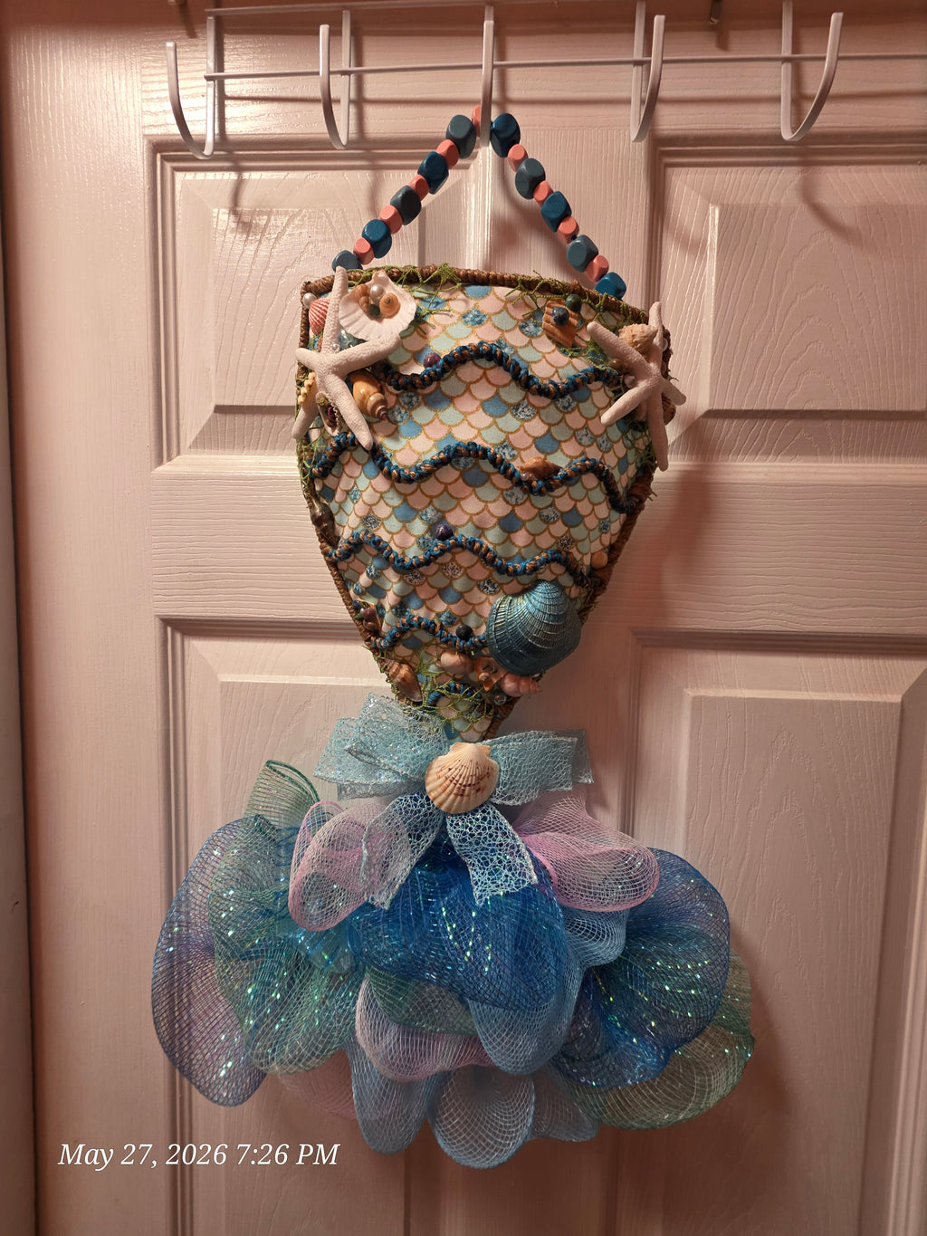 Handmade Mermaid-Scale Wall/Door Hanging w/ Blue Purple Bow