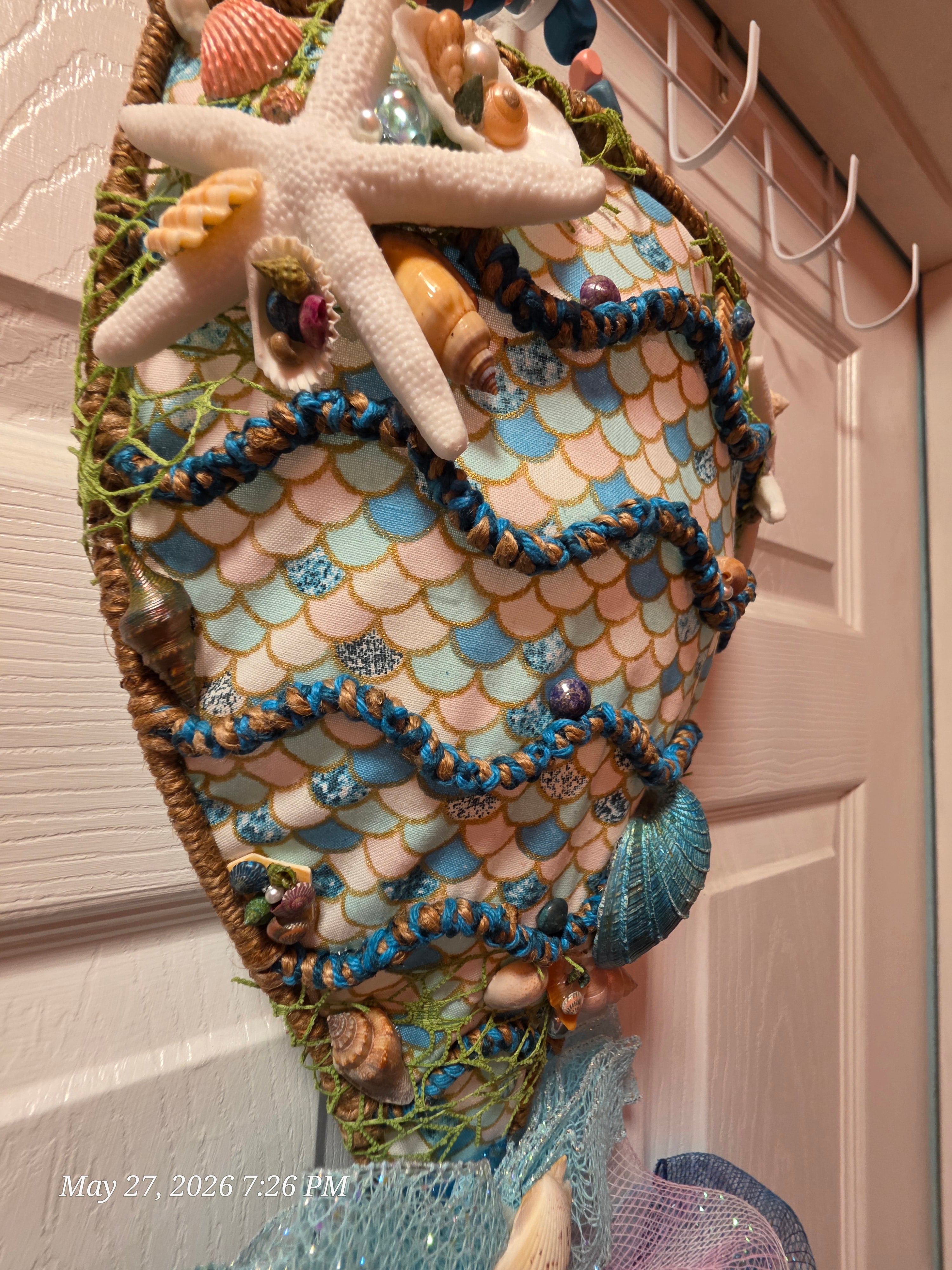 Handmade Mermaid-Scale Wall/Door Hanging w/ Blue Purple Bow