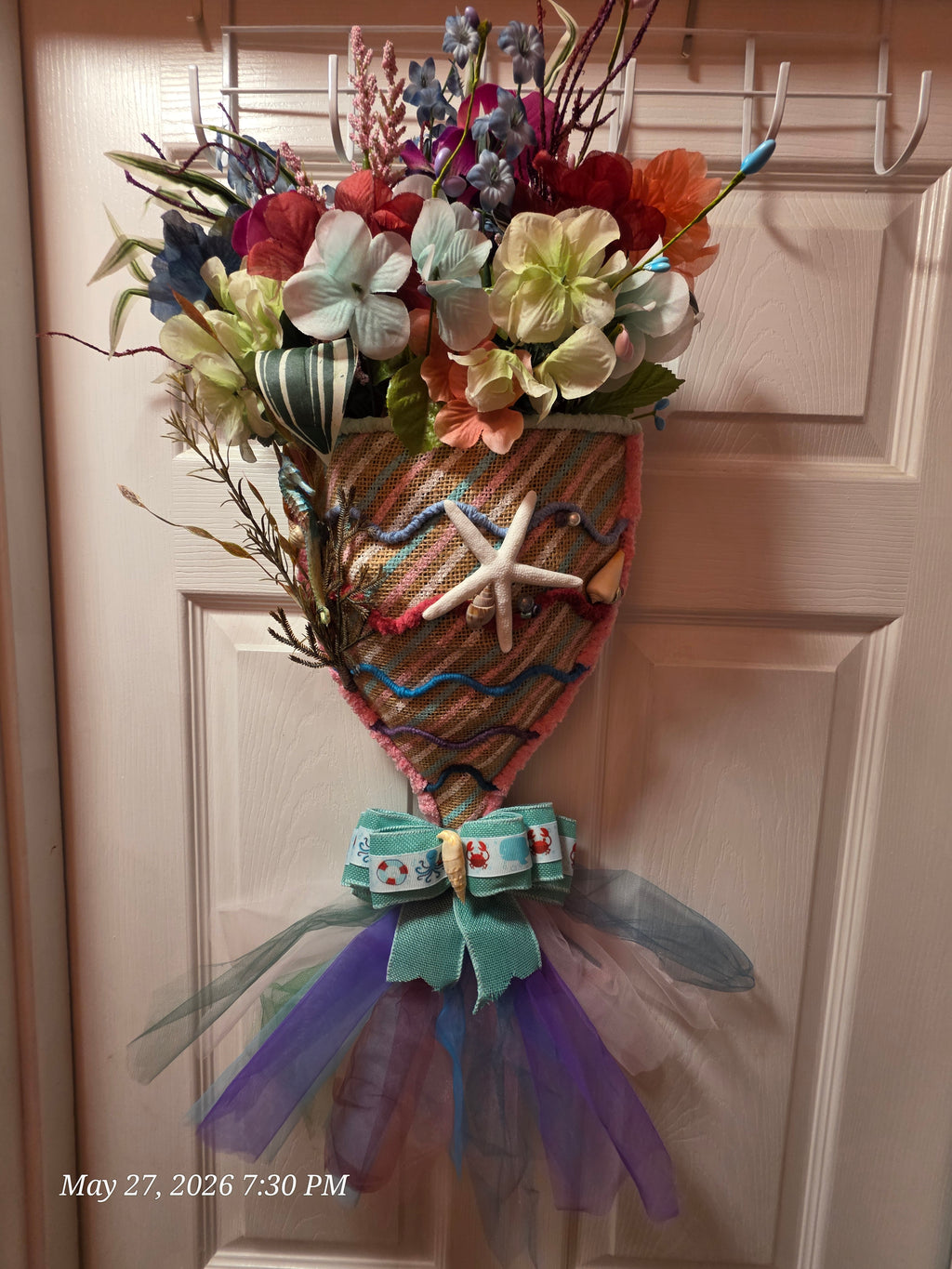 Handcrafted Floral Wall Hanging with Seashell, Starfish Accents, Multicolor