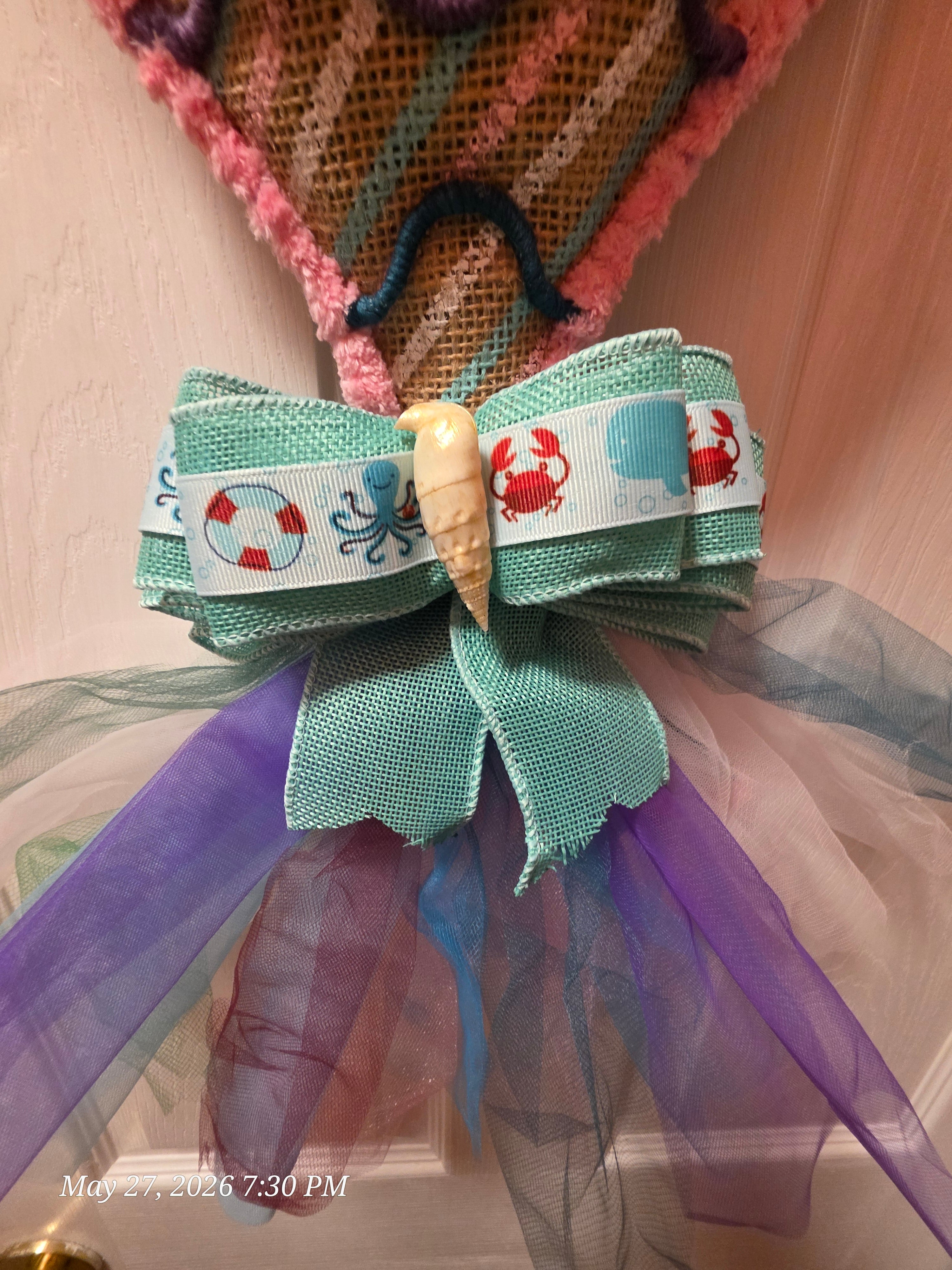Handcrafted Floral Wall Hanging with Seashell, Starfish Accents, Multicolor