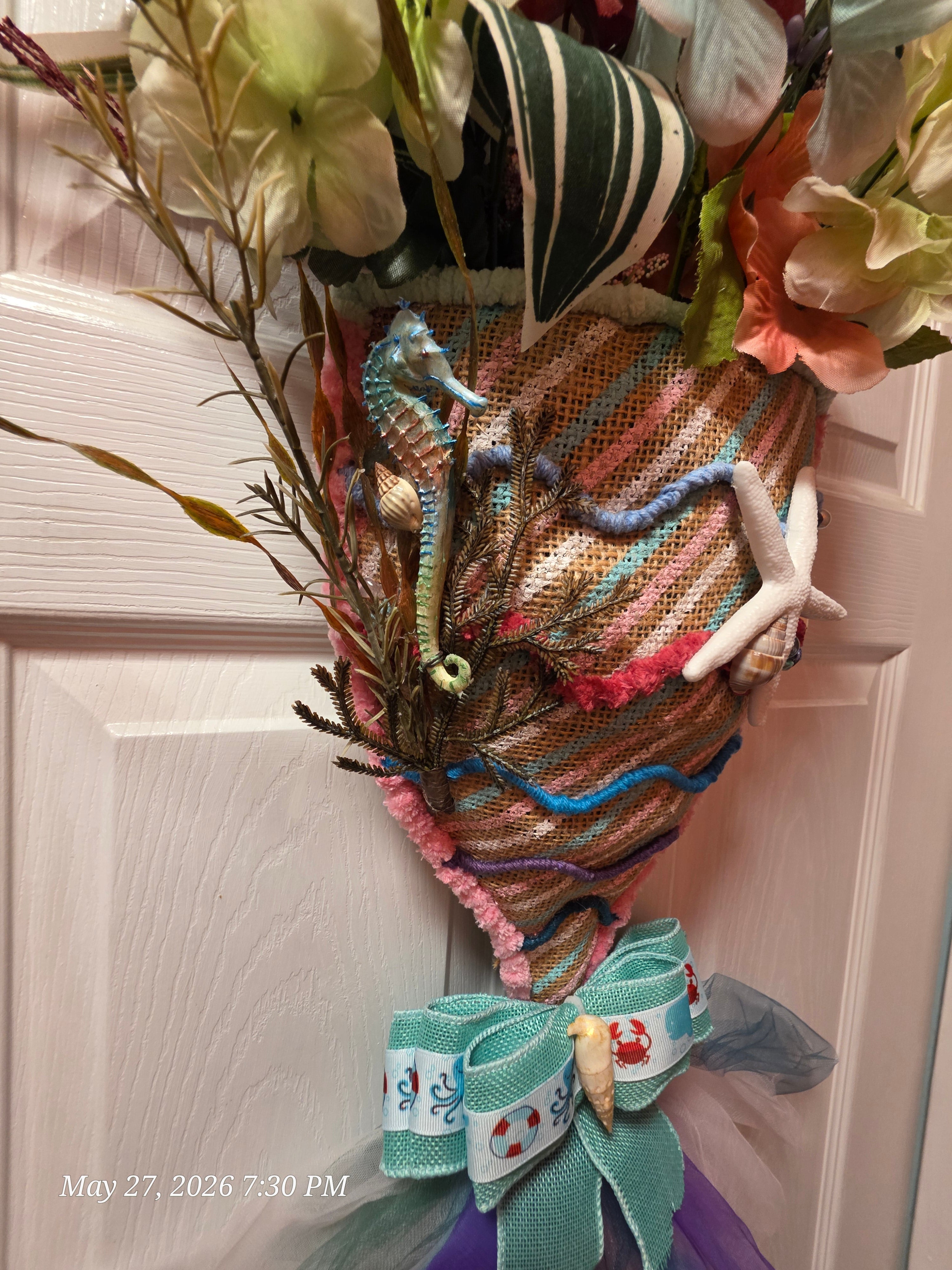 Handcrafted Floral Wall Hanging with Seashell, Starfish Accents, Multicolor
