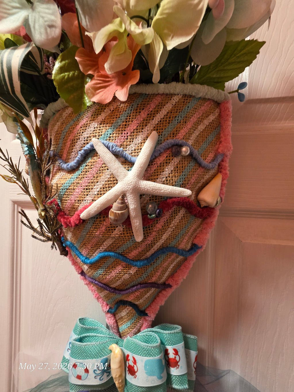Handcrafted Floral Wall Hanging with Seashell, Starfish Accents, Multicolor