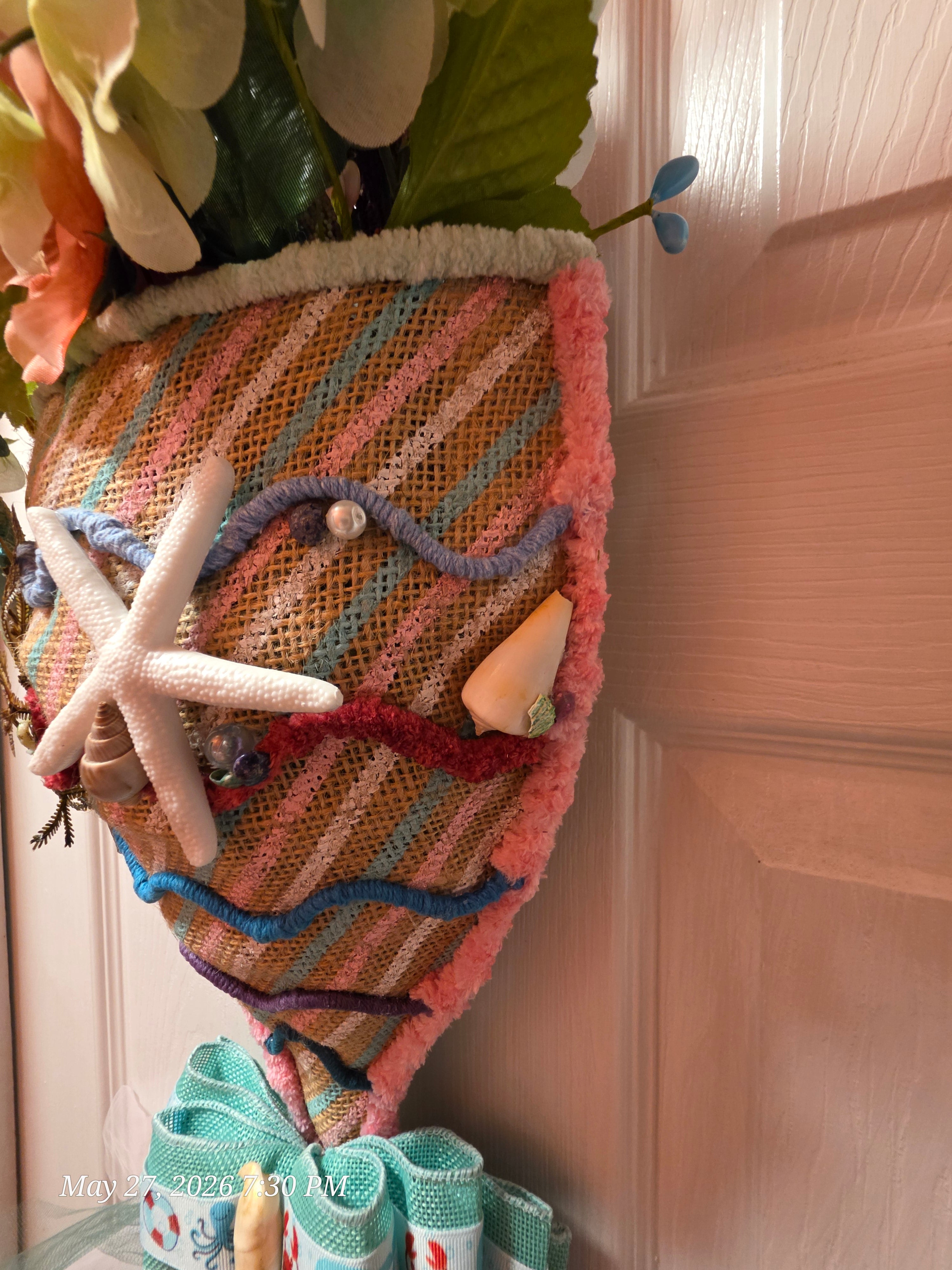 Handcrafted Floral Wall Hanging with Seashell, Starfish Accents, Multicolor