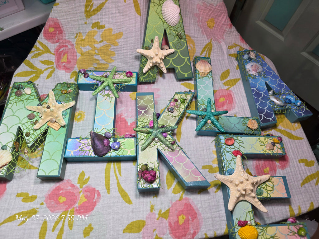 Letters Spelling Mikaela Sea, Beach Theme
