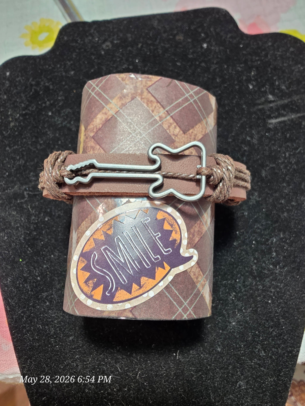 Adjustable Brown Leather Bracelet with Guitar Charm
