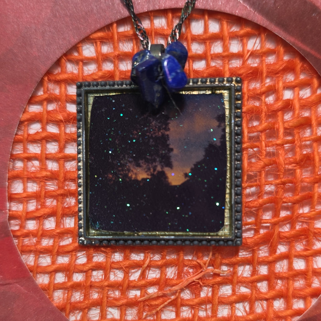 Handmade Resin Square Charm Pendant Necklace Blue Metal Rope