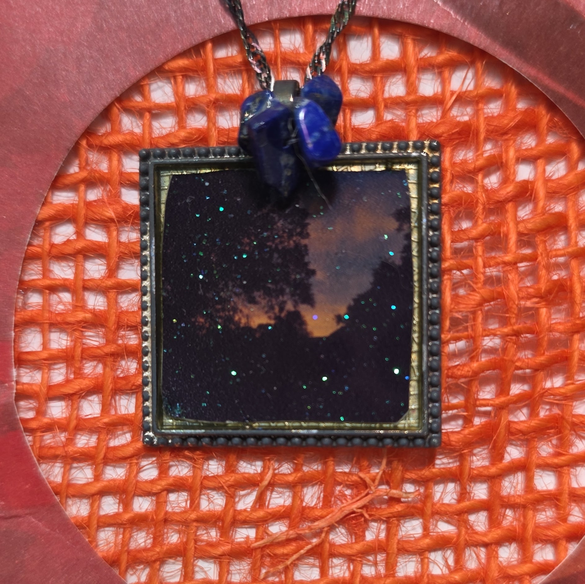 Handmade Resin Square Charm Pendant Necklace Blue Metal Rope
