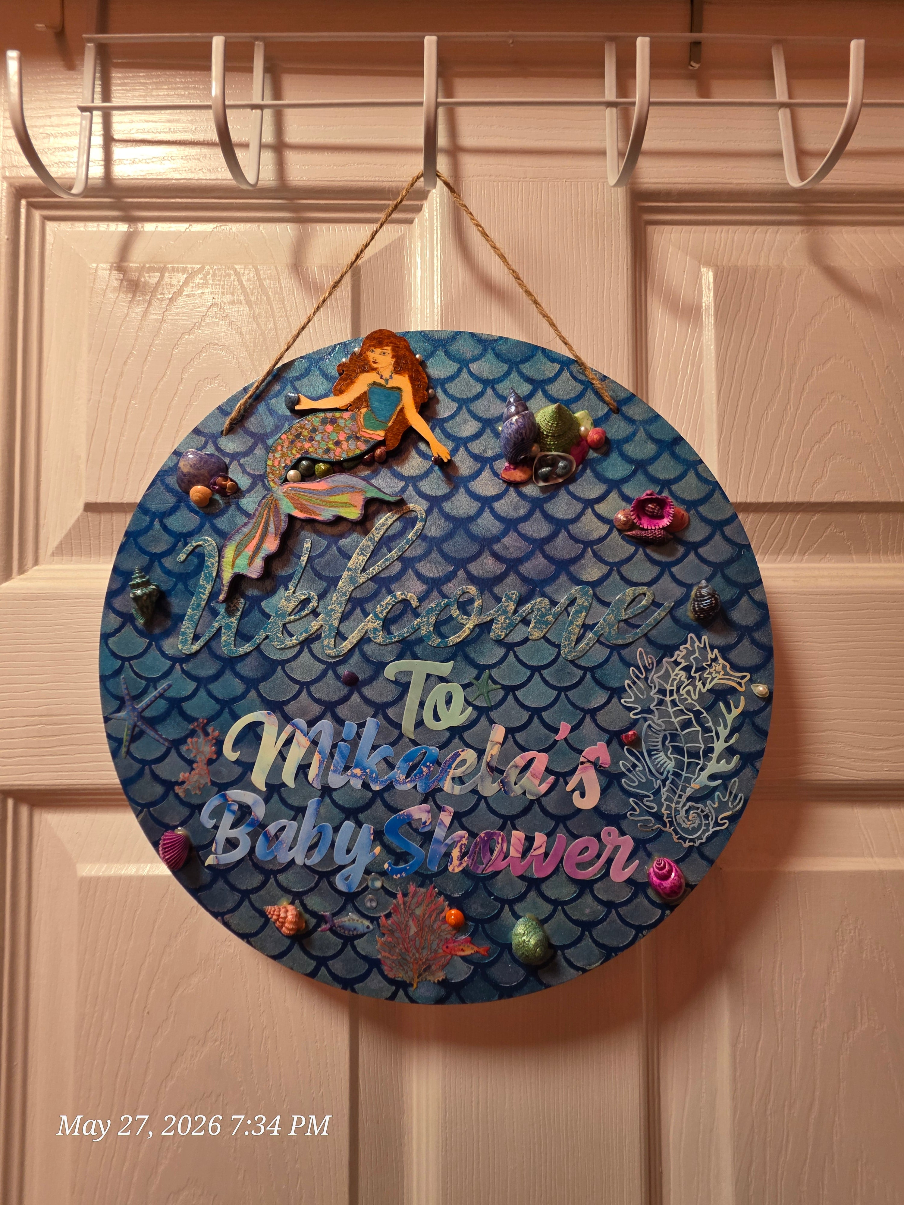 Handcrafted Mermaid Baby Shower Wall Hanging Decor, Blue Mixed Media
