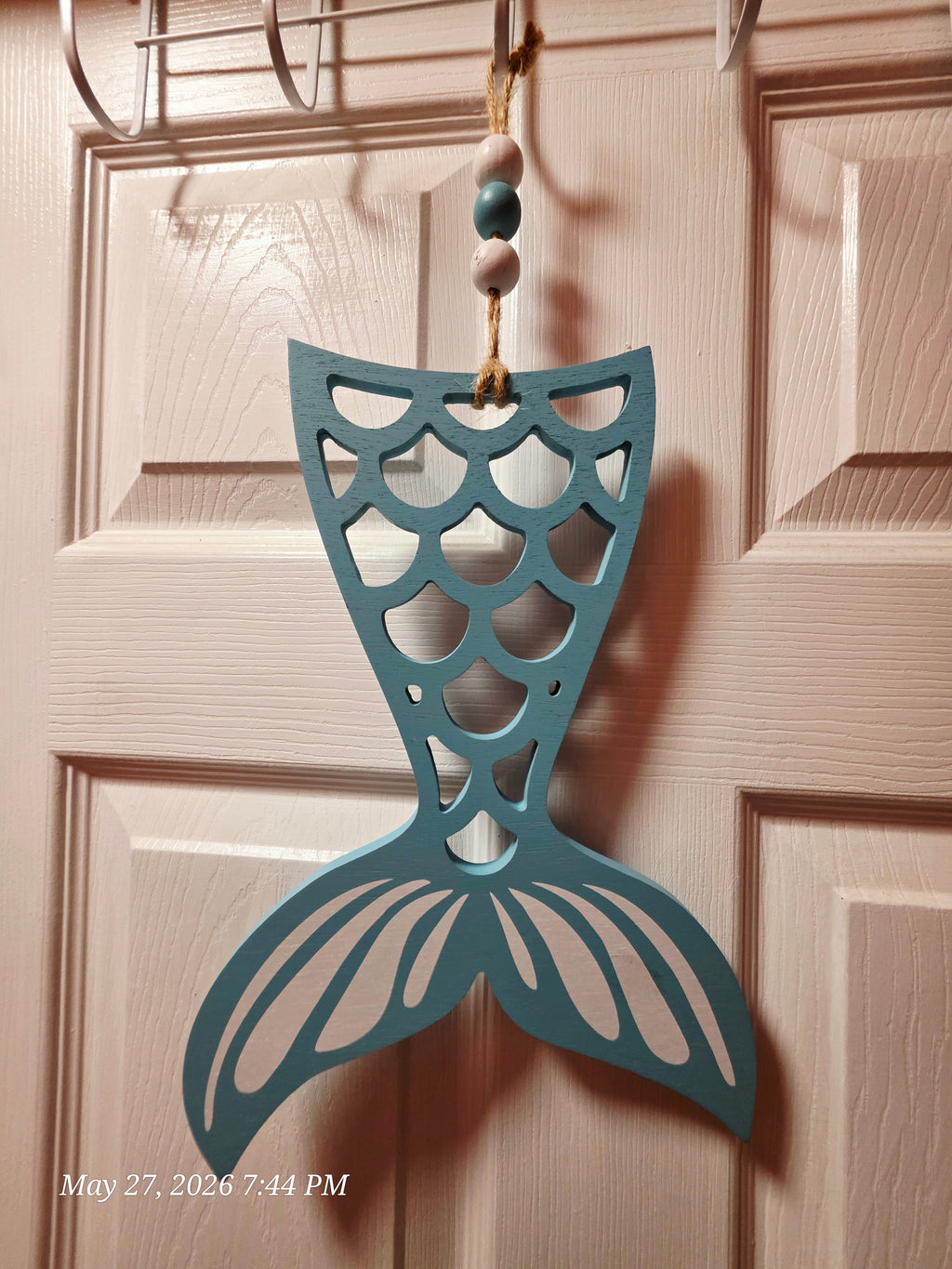 Blue & White Mermaid Tail Hanging Wall Decor, Painted Wood Rope w/ Beads