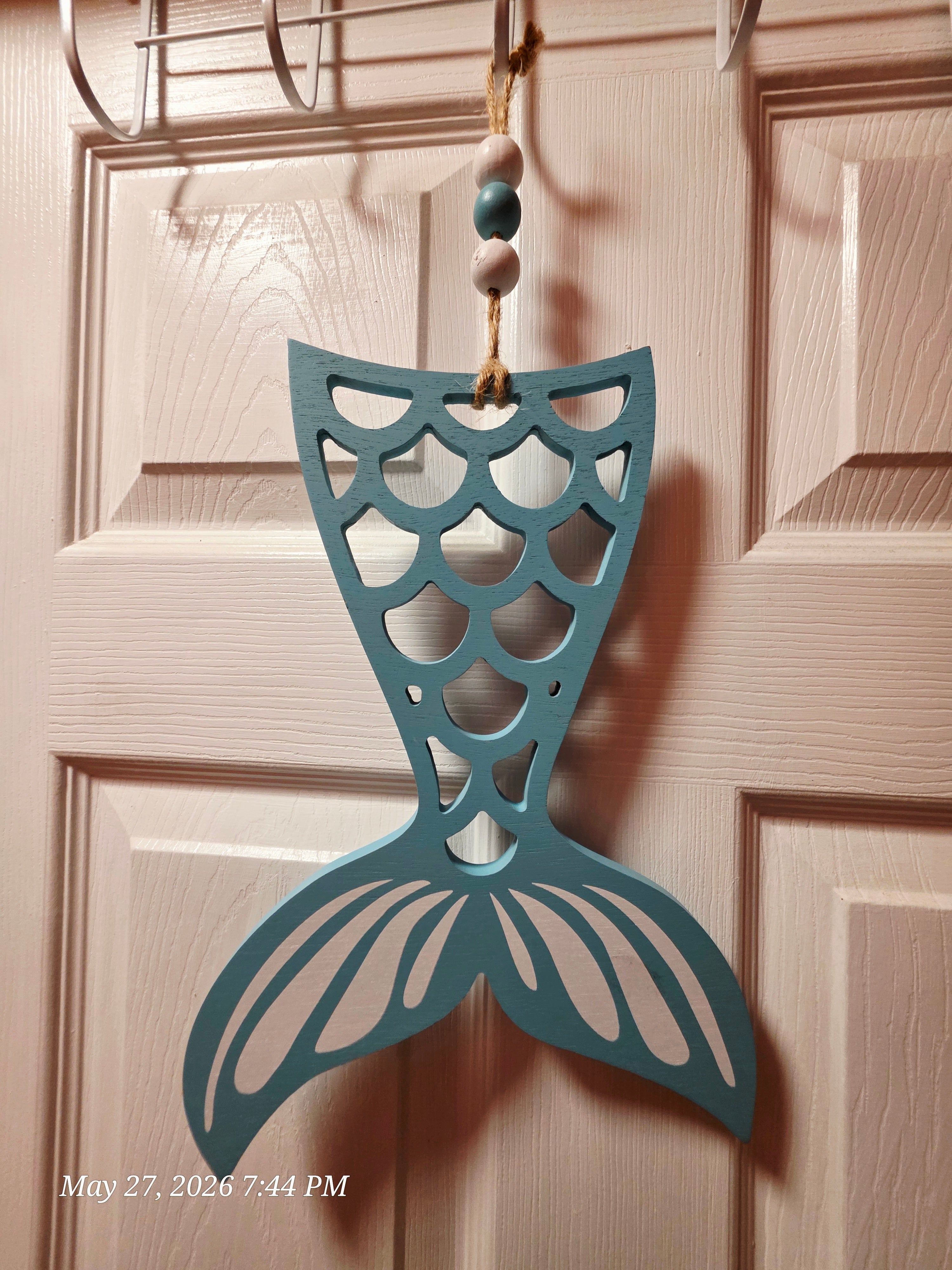 Blue & White Mermaid Tail Hanging Wall Decor, Painted Wood Rope w/ Beads
