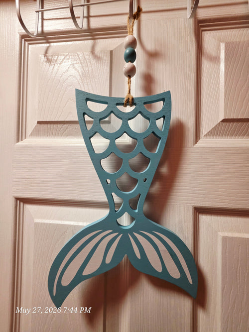 Blue & White Mermaid Tail Hanging Wall Decor, Painted Wood Rope w/ Beads