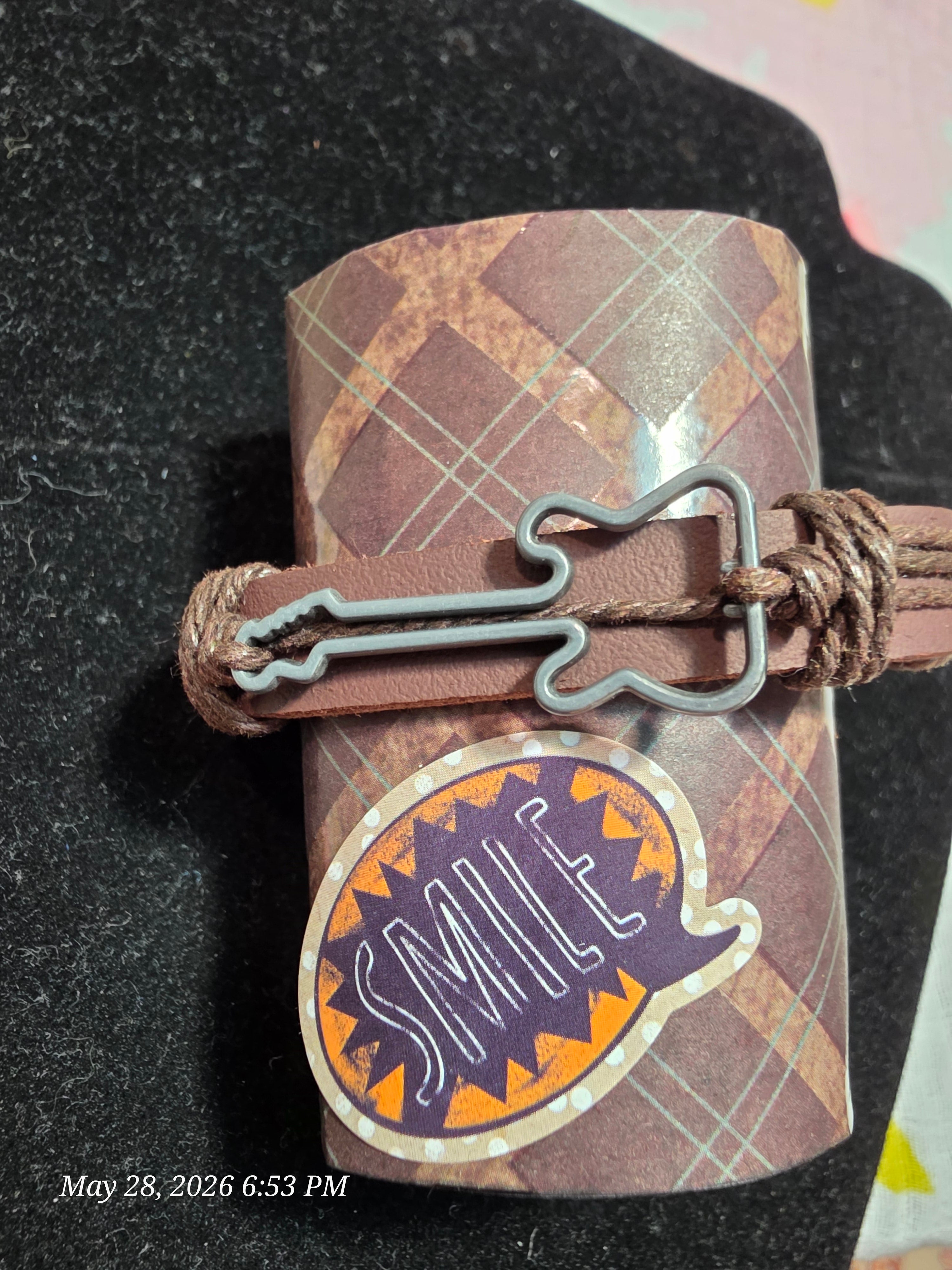 Adjustable Brown Leather Bracelet with Guitar Charm