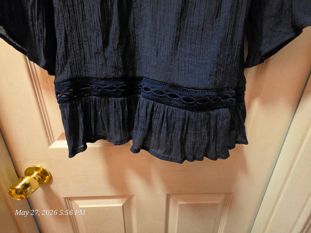 Zac & Rachel Navy Blue Ruffle Crochet 3/4 Bell Sleeve Scoop Neck Tunic M