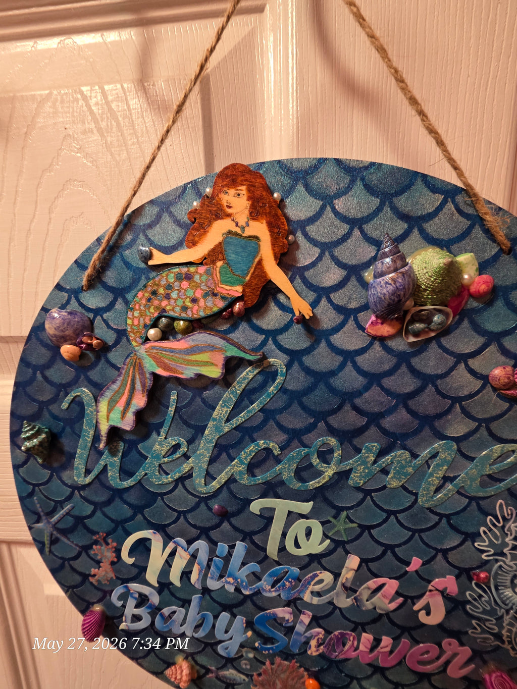 Handcrafted Mermaid Baby Shower Wall Hanging Decor, Blue Mixed Media