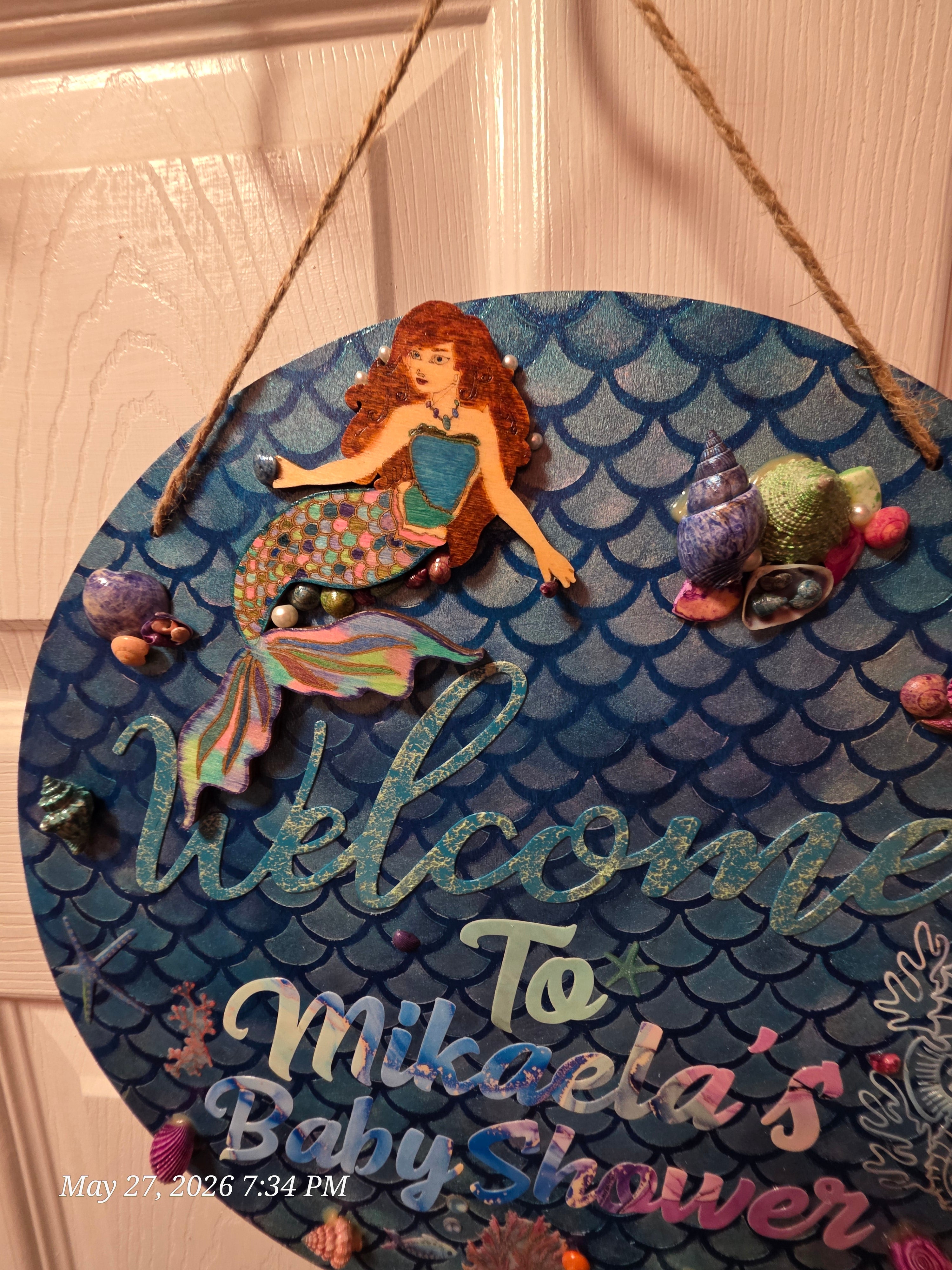 Handcrafted Mermaid Baby Shower Wall Hanging Decor, Blue Mixed Media