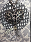 Heart Lock Key & Leaf Charm Pendant Necklace Black Gems Adjustable