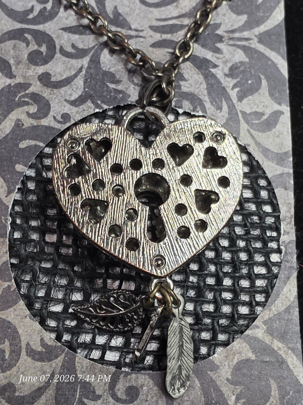 Heart Lock Key & Leaf Charm Pendant Necklace Black Gems Adjustable