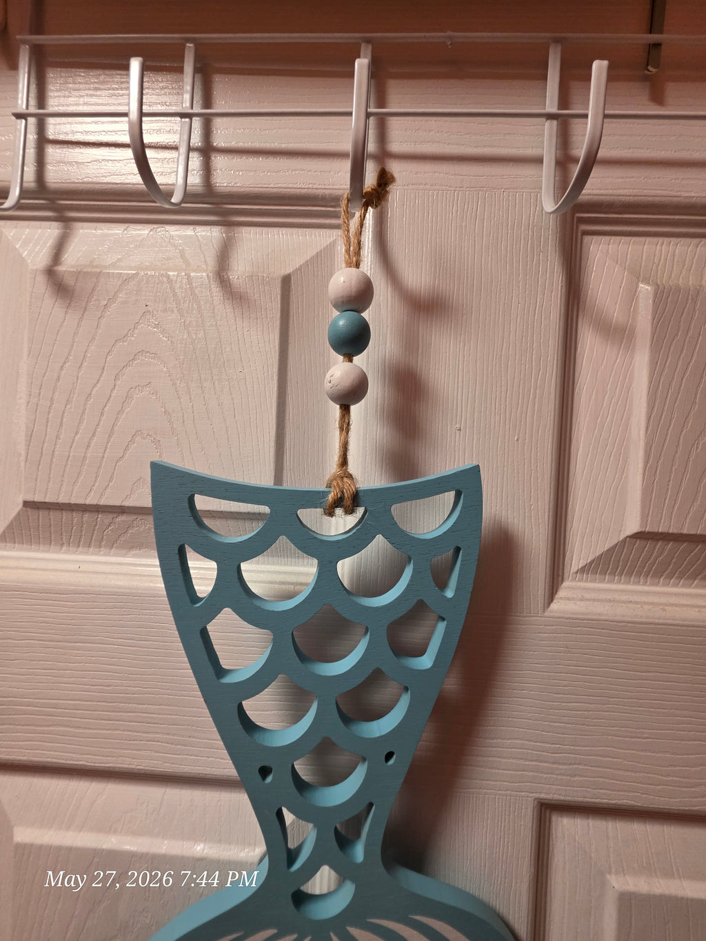 Blue & White Mermaid Tail Hanging Wall Decor, Painted Wood Rope w/ Beads