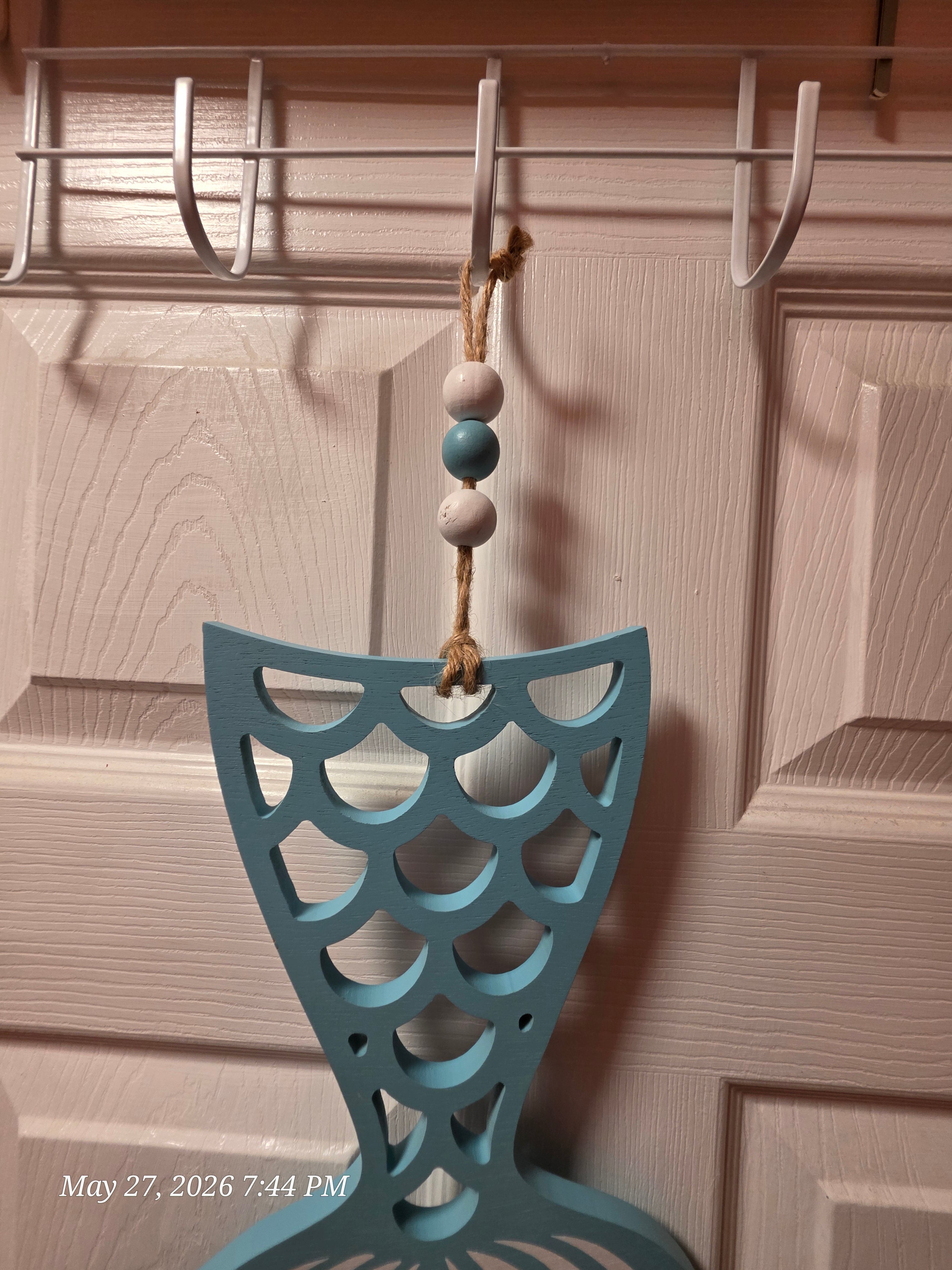 Blue & White Mermaid Tail Hanging Wall Decor, Painted Wood Rope w/ Beads