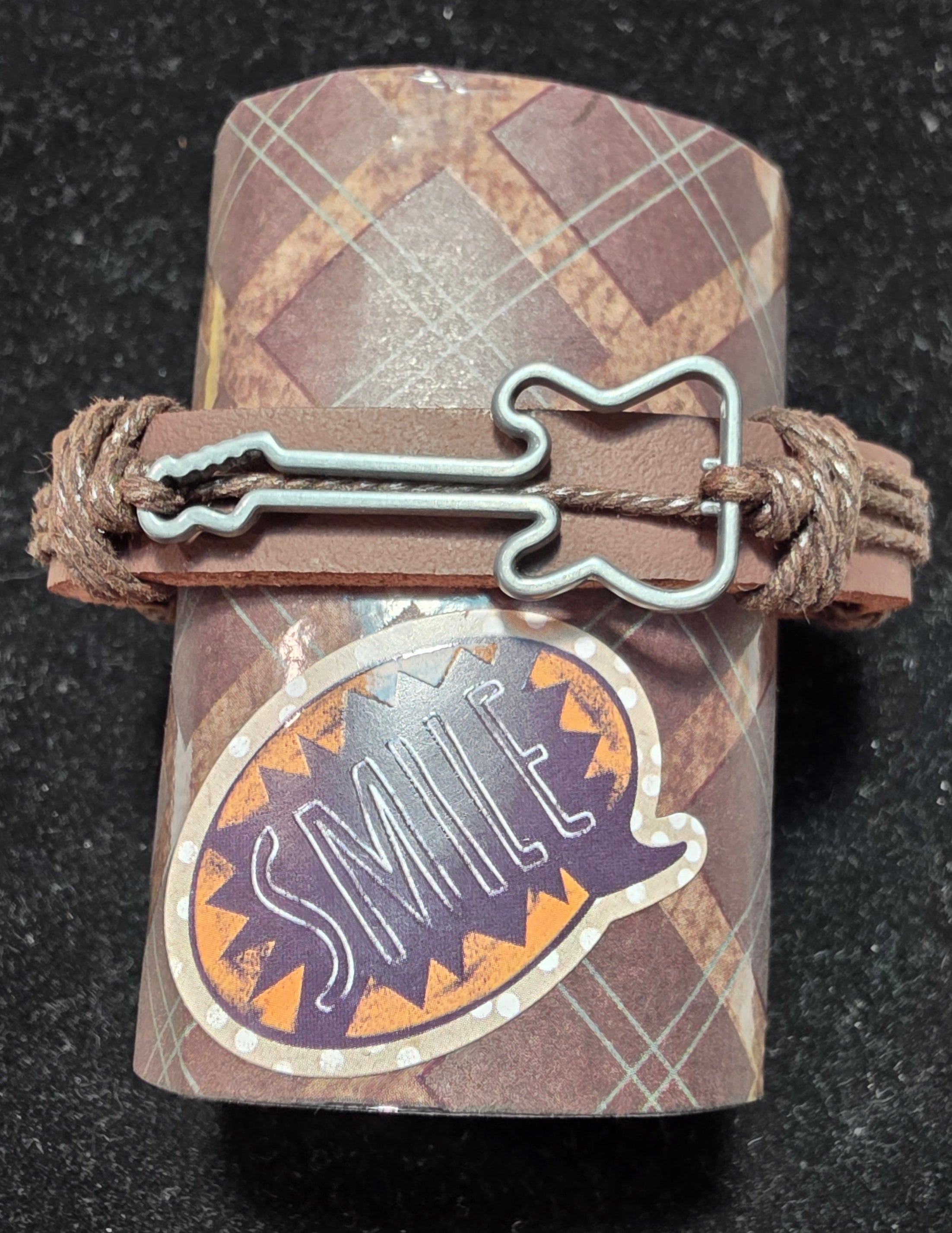 Adjustable Brown Leather Bracelet with Guitar Charm
