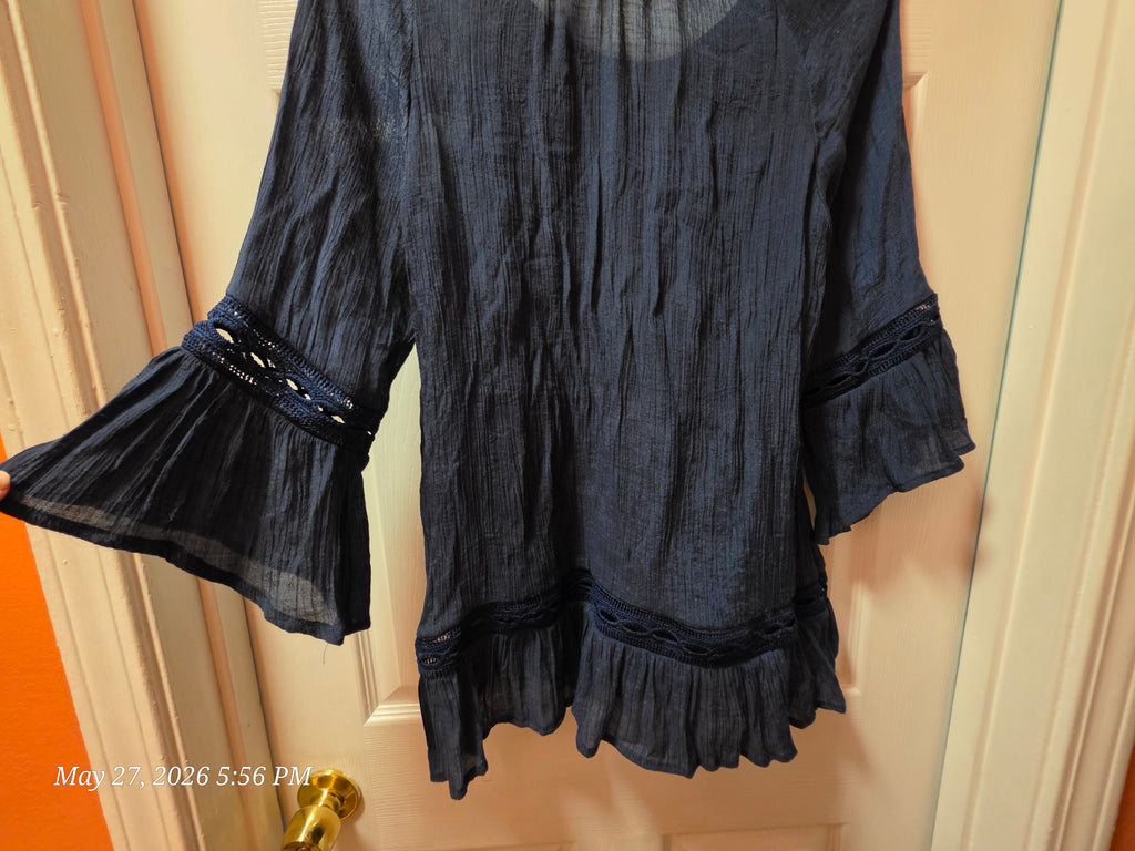 Zac & Rachel Navy Blue Ruffle Crochet 3/4 Bell Sleeve Scoop Neck Tunic M