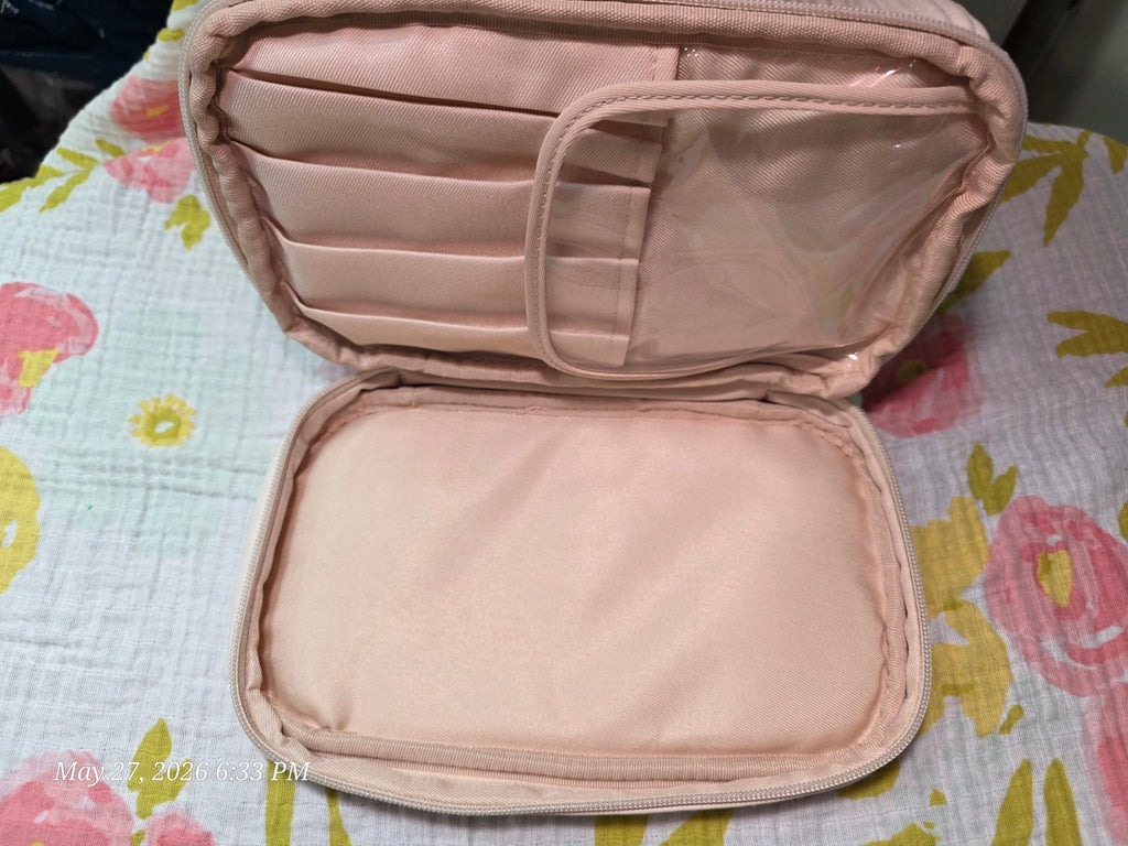 HIKOO Pink Makeup Case Travel Organizer w/ Zipper Handle Faux Leather Polyester