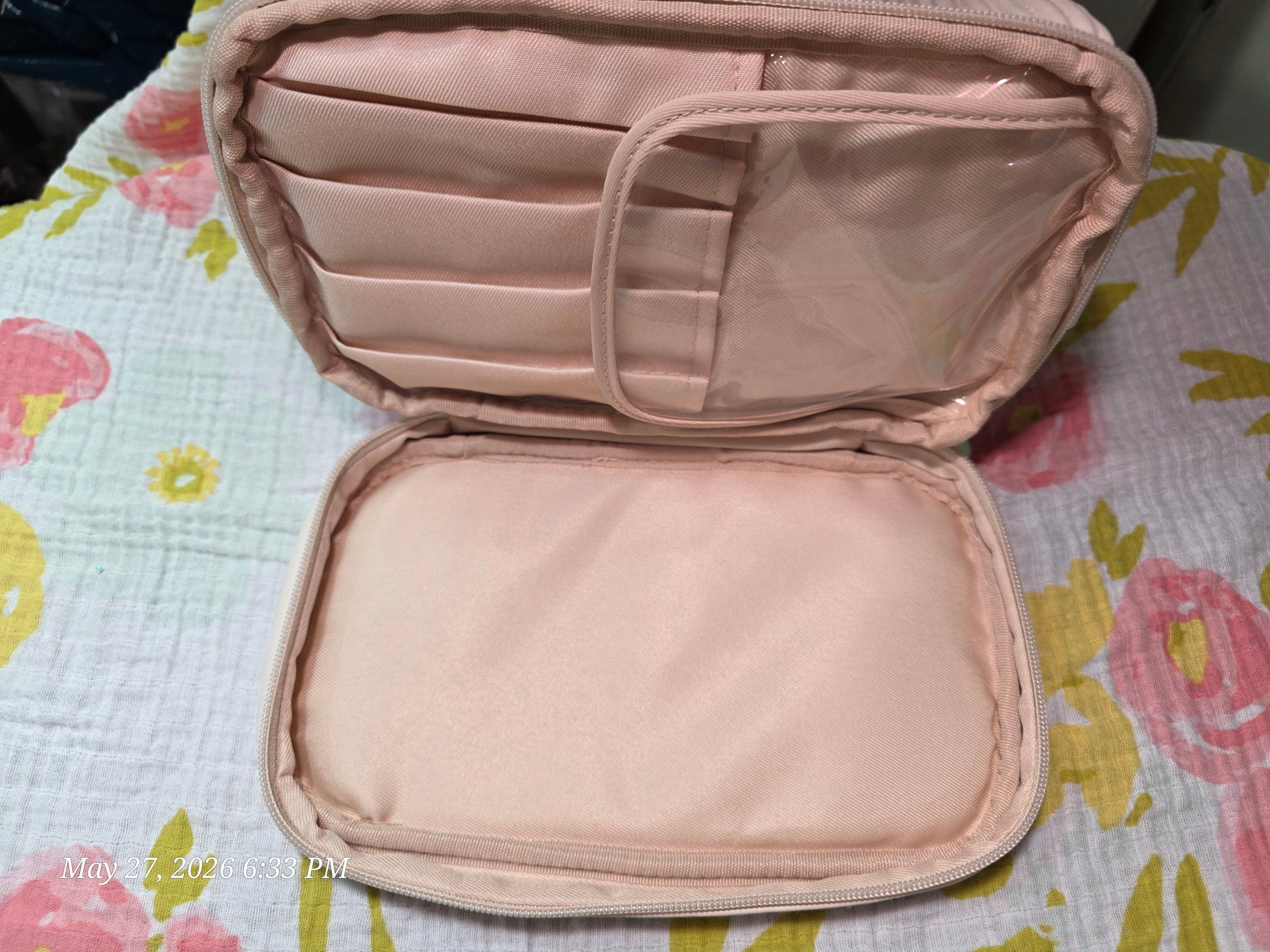 HIKOO Pink Makeup Case Travel Organizer w/ Zipper Handle Faux Leather Polyester