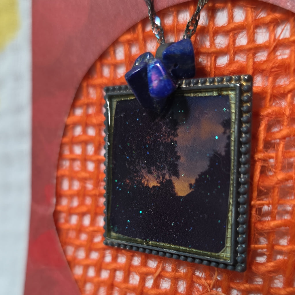 Handmade Resin Square Charm Pendant Necklace Blue Metal Rope