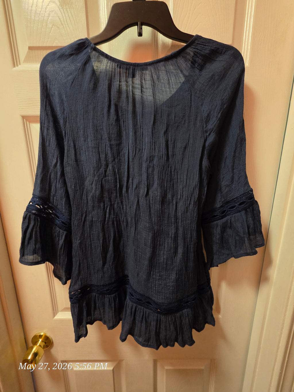 Zac & Rachel Navy Blue Ruffle Crochet 3/4 Bell Sleeve Scoop Neck Tunic M