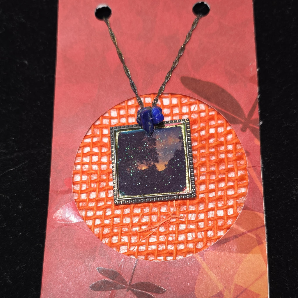 Handmade Resin Square Charm Pendant Necklace Blue Metal Rope