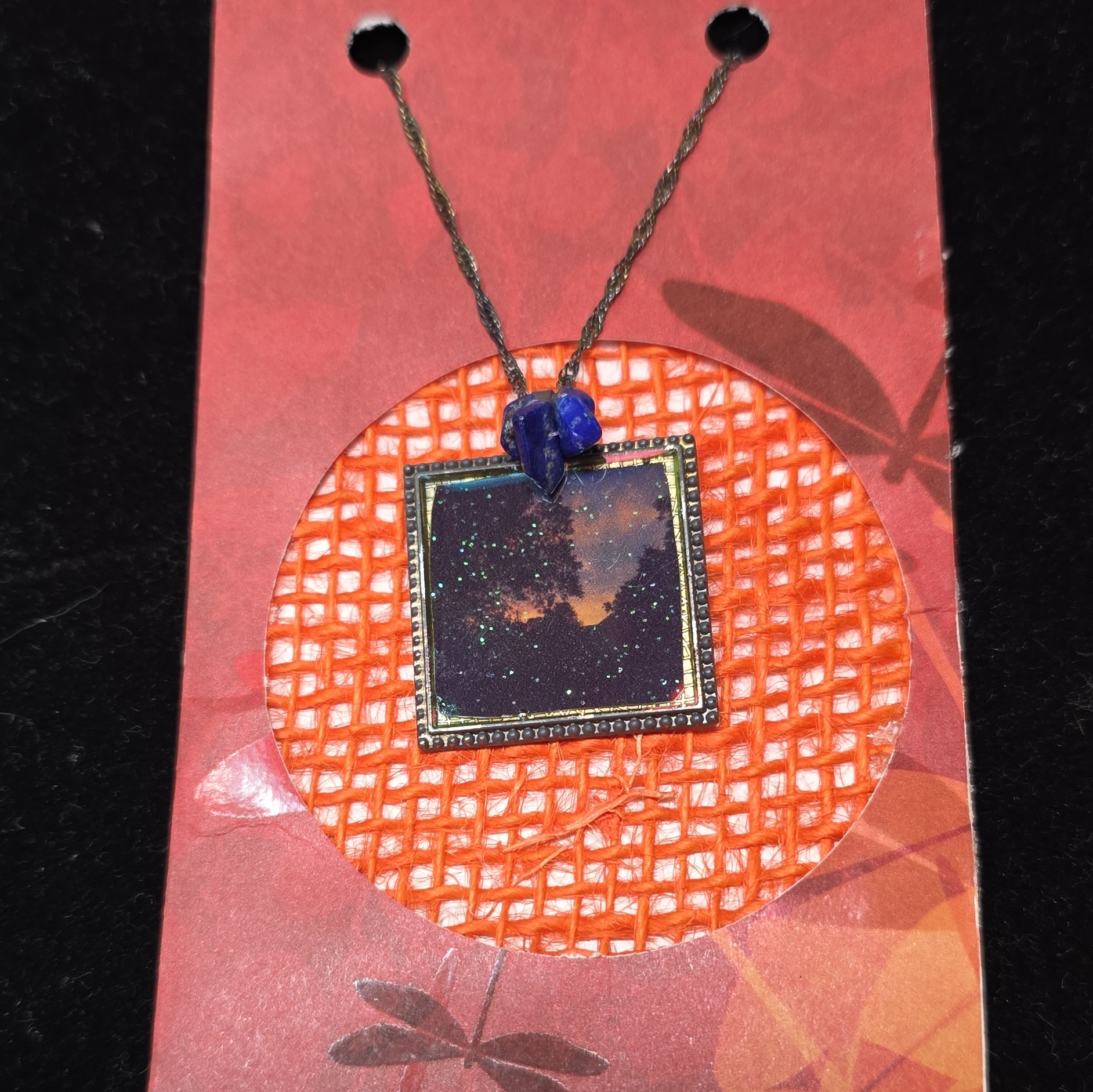 Handmade Resin Square Charm Pendant Necklace Blue Metal Rope