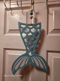 Blue & White Mermaid Tail Hanging Wall Decor, Painted Wood Rope w/ Beads