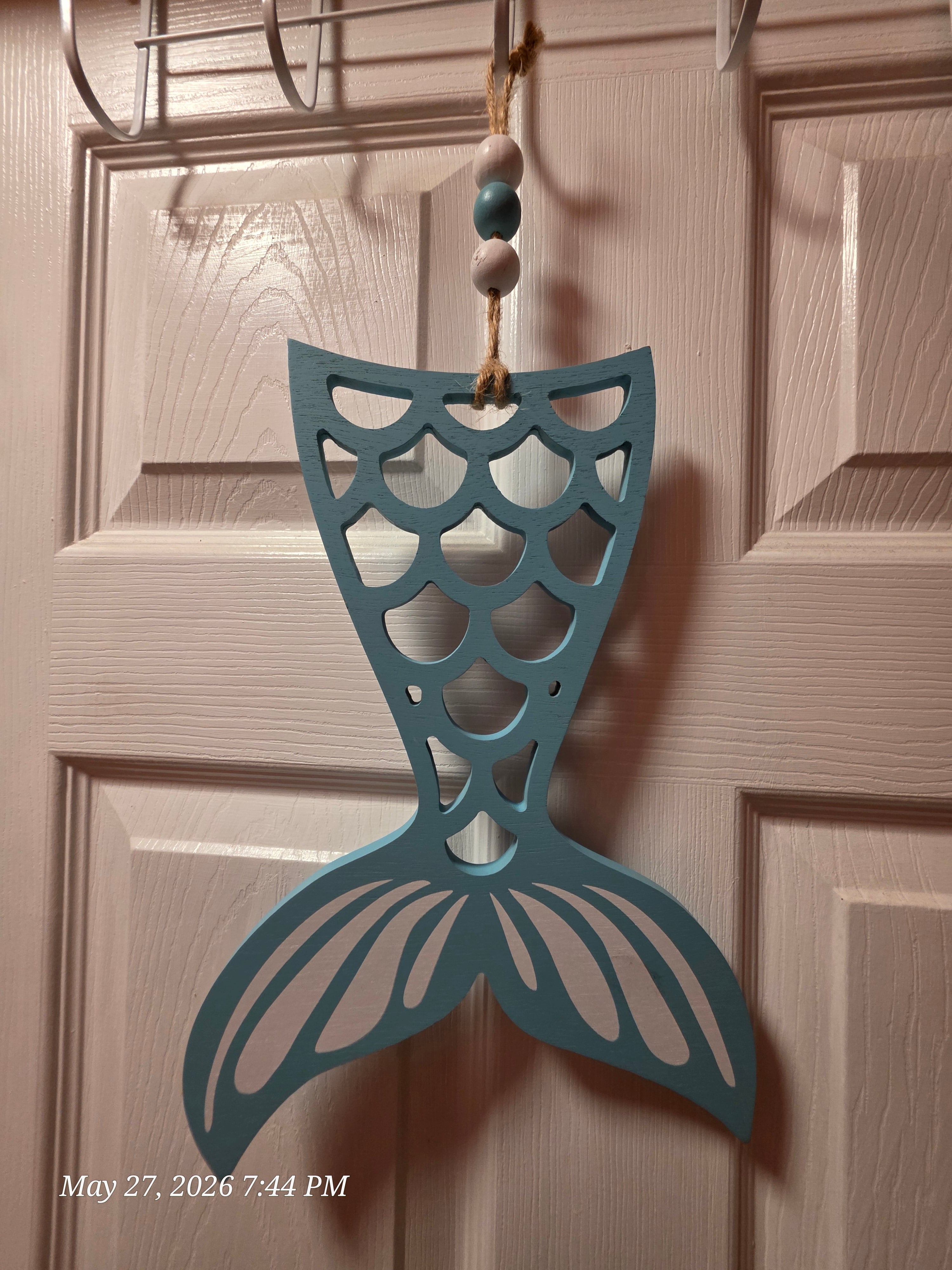 Blue & White Mermaid Tail Hanging Wall Decor, Painted Wood Rope w/ Beads