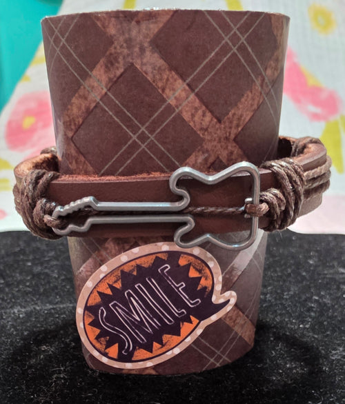 Adjustable Brown Leather Bracelet with Guitar Charm