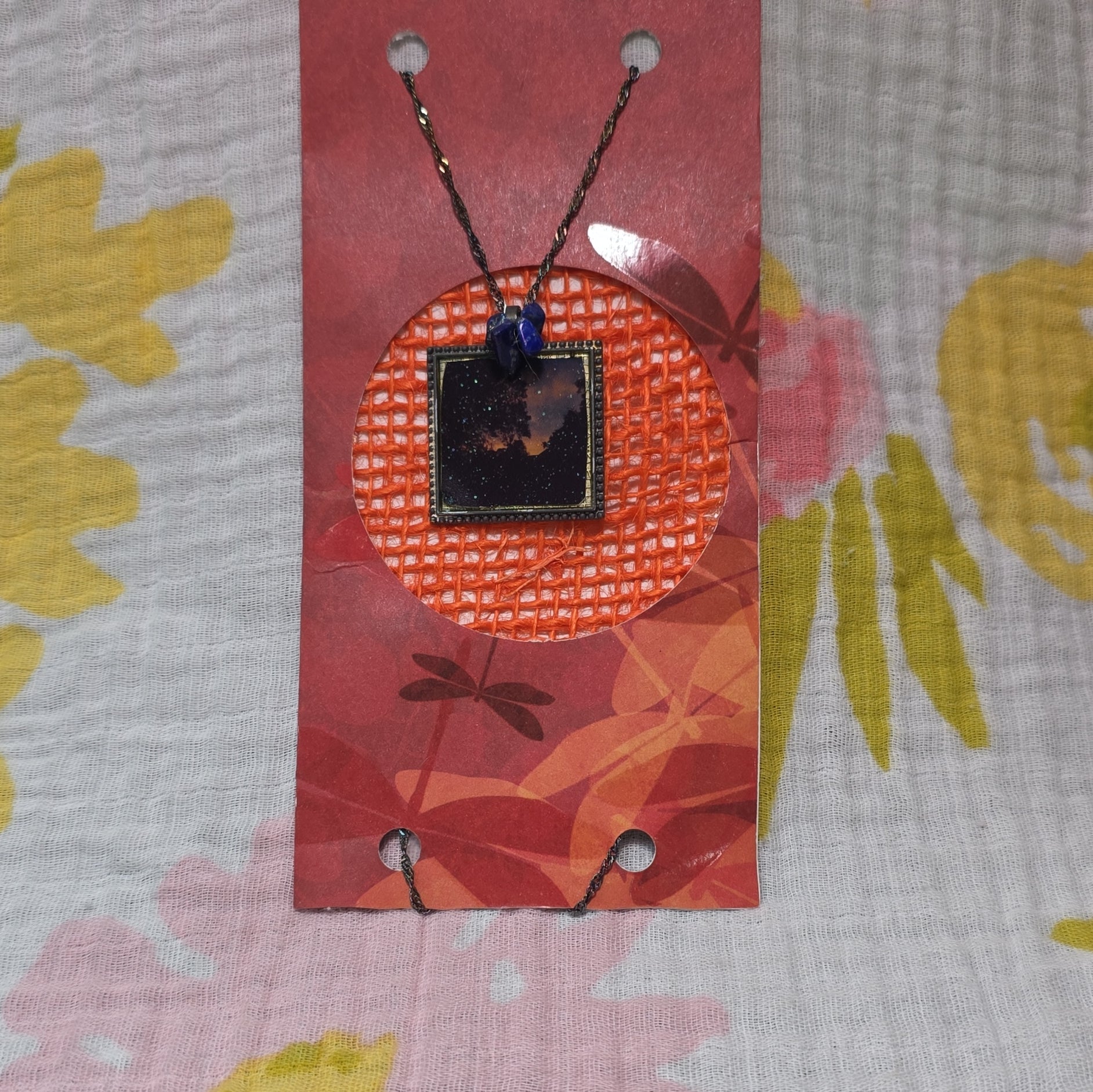 Handmade Resin Square Charm Pendant Necklace Blue Metal Rope