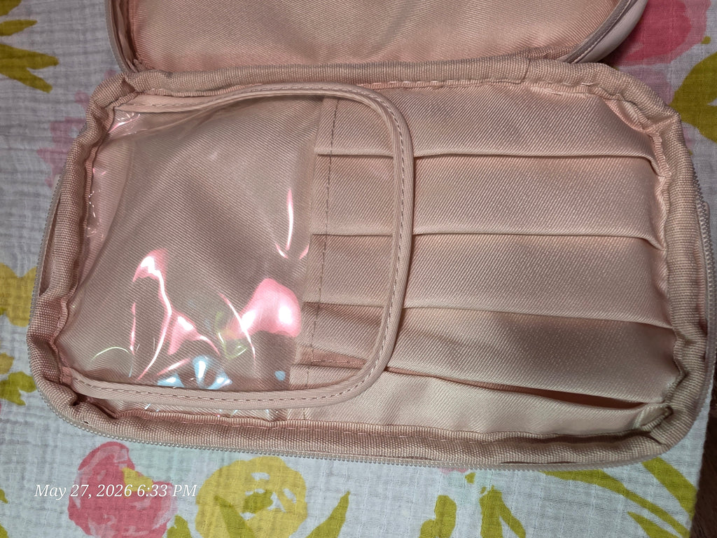 HIKOO Pink Makeup Case Travel Organizer w/ Zipper Handle Faux Leather Polyester