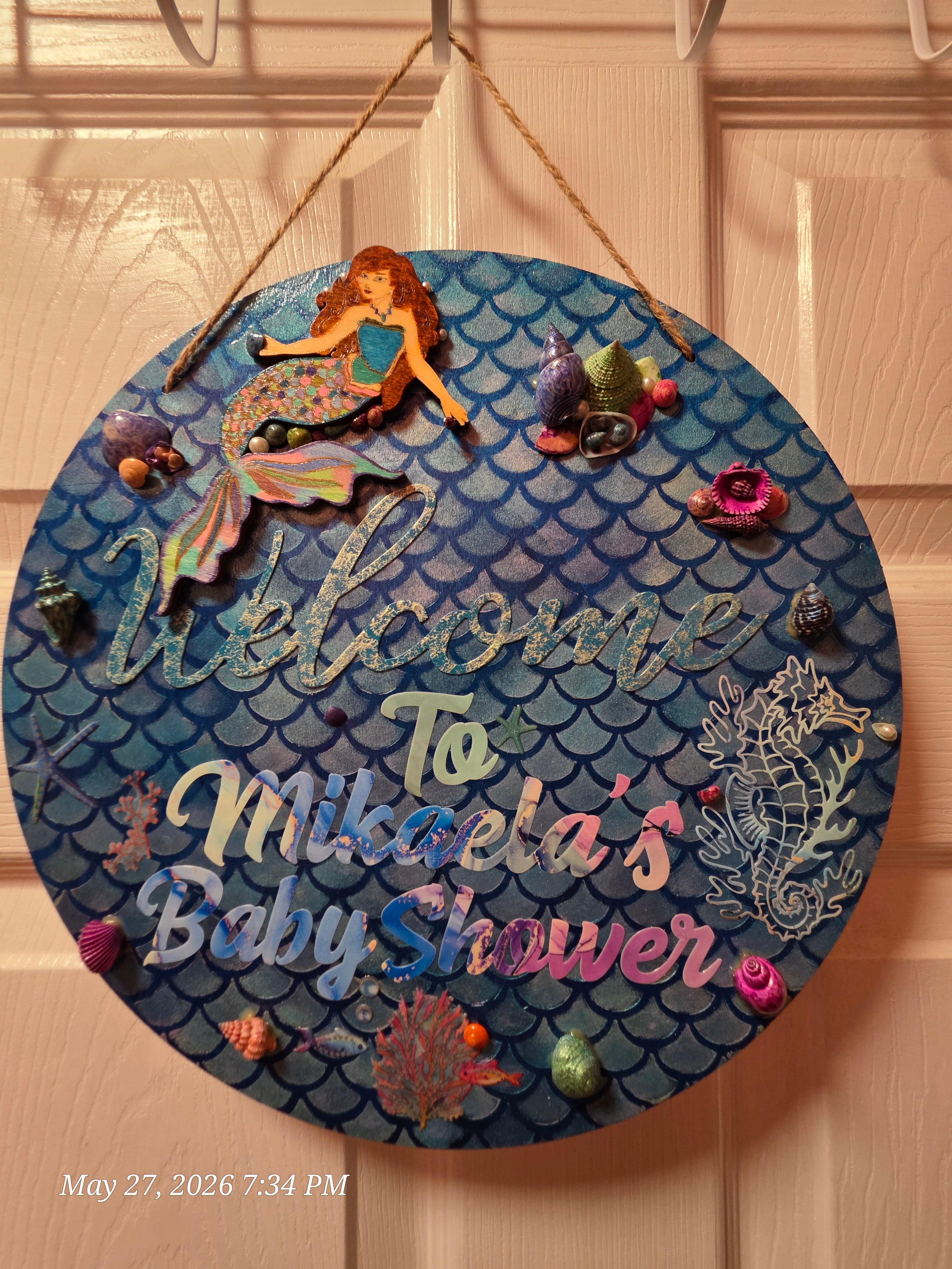 Handcrafted Mermaid Baby Shower Wall Hanging Decor, Blue Mixed Media
